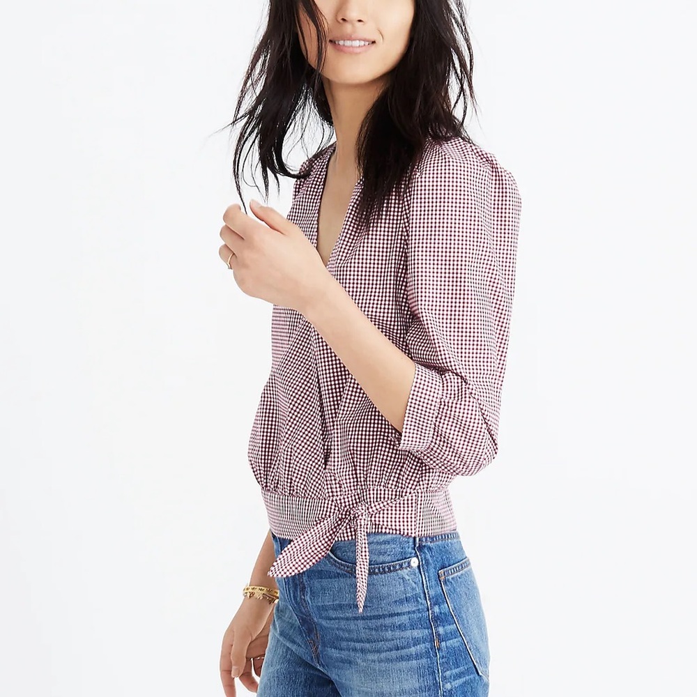Madewell Wrap Top in Deep Red Gingham Check Top- Large